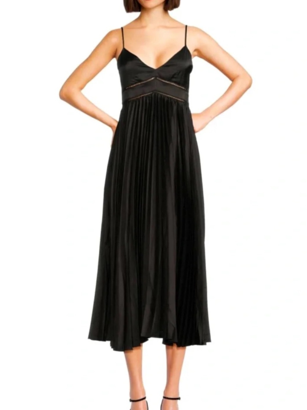 Spring + Mercer Satin Black Pleated Midi Slip Dress